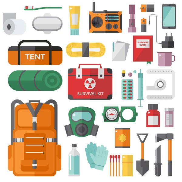 Kit de survie d'urgence pour l'ensemble des objets vectoriels d'évacuation . — Image vectorielle