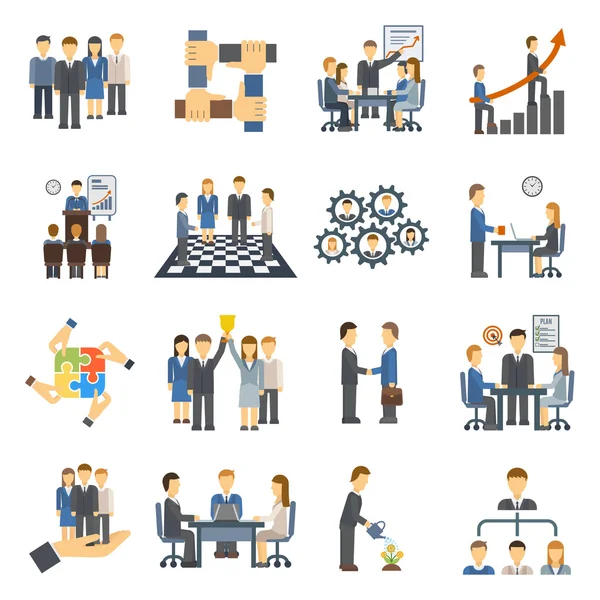 Ícones de trabalho em equipe conjunto grupo símbolo comunicação social design pessoa reunião vetor ilustração —  Vetores de Stock