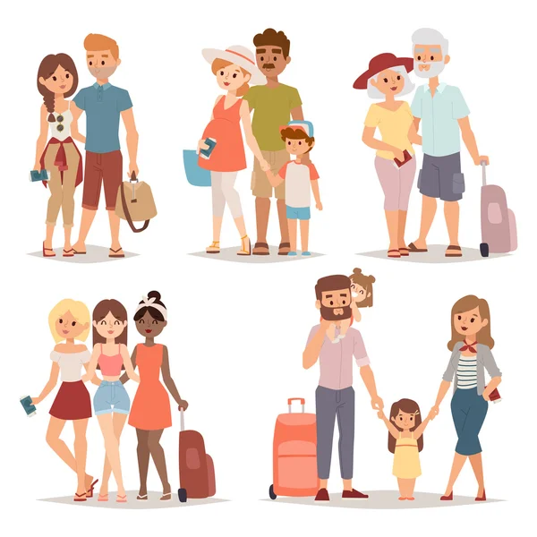 Utazó család csoport emberek nyaralás együtt karakter lapos vektor illusztráció. — Stock Vector