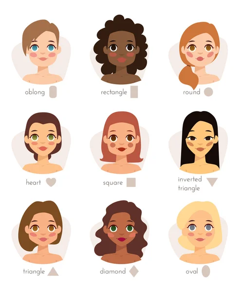 Set of different womans face types shapes female head vector character illustration. — Stock Vector