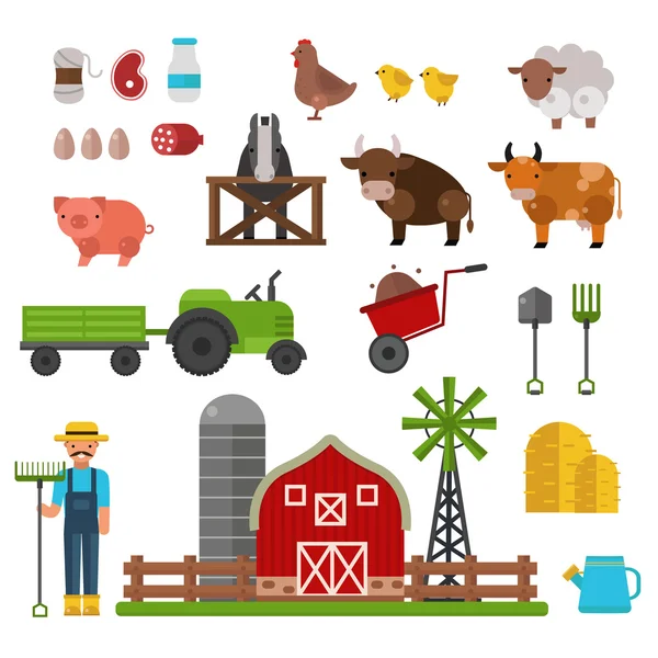 Farm animals, food and drink production symbols, organic product, machinery and tools on the farm vector illustration. — Stock Vector