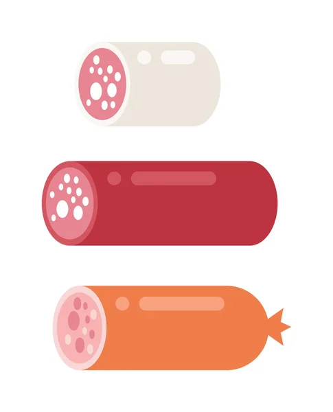 Salchicha salami ahumado barbacoa aislada poco saludable comer grasa ahumada fresca bratwurst vector . — Vector de stock