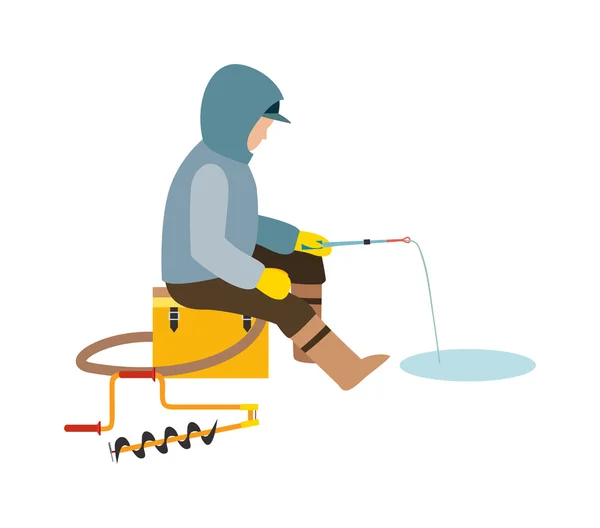 Pescador desfrutando de dias de pesca de inverno no gelo esporte lago neve lazer vetor ilustração . —  Vetores de Stock