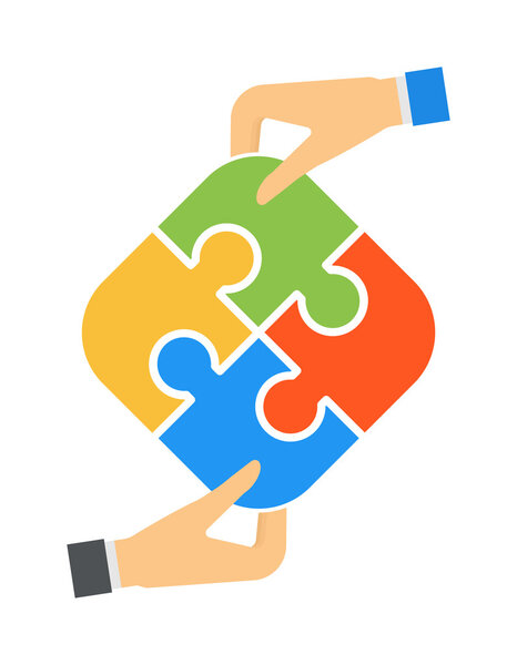 Hands and puzzle isolated solution business jigsaw piece concept vector