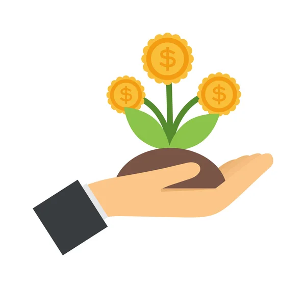 Vektor flache Symbole Design Geld Blume Dollar Zeichen in der Hand Investitionskonzept. — Stockvektor