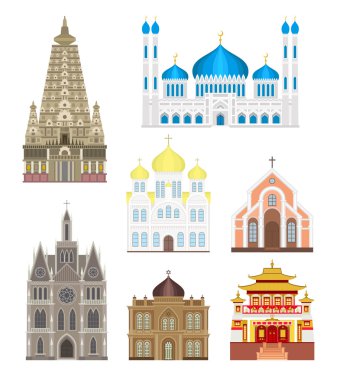 Kiliseler ve cathedrals Infographic tapınak binaları mimari Asya Simgesel Yapı turizm vektör ayarla