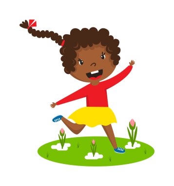 Afro kız çalışan vektör illüstrasyon.