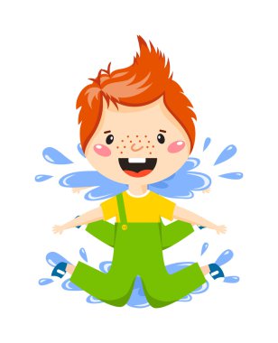 Boy in puddle vector illustration.