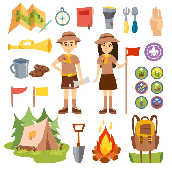 Jongen Scouts en Camping vector set. — Stockvector