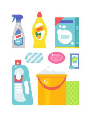 House cleaning hygiene and products flat vector icons set
