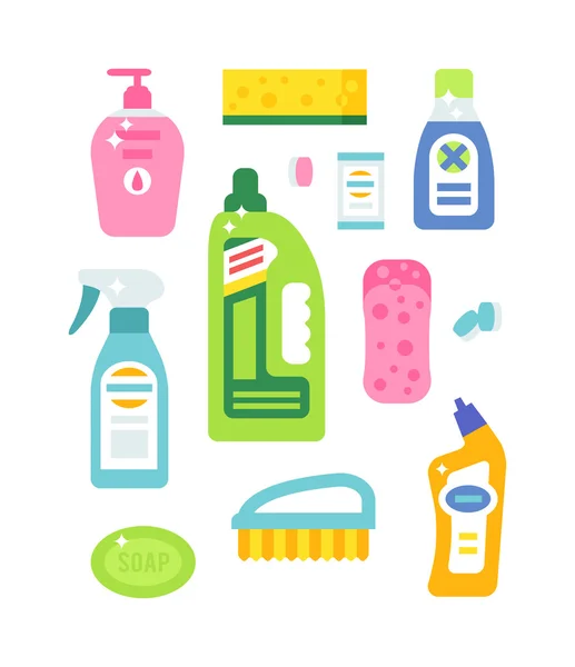 Limpieza de la casa higiene y productos planos vector iconos conjunto — Vector de stock