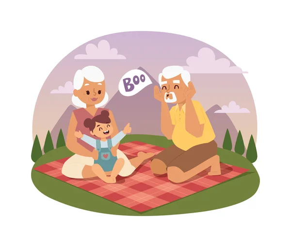 Old people family picnicking summer vector — Stock Vector