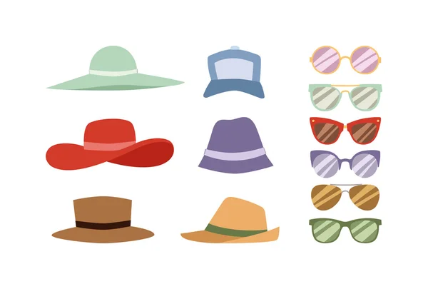 Letnie kapelusze i zestaw wektorowych okularów przeciwsłonecznych. — Wektor stockowy