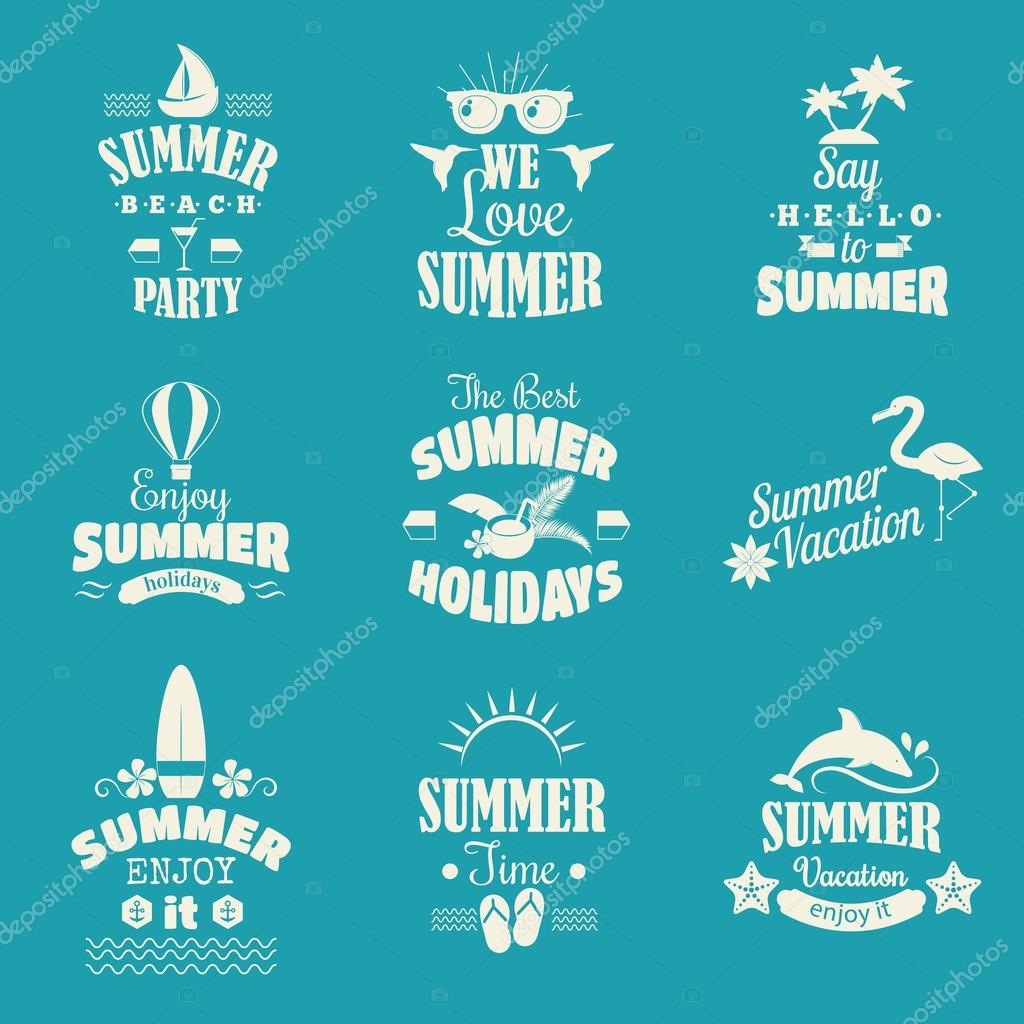 Retro hand drawn summer logo elements summer calligraphic designs. Vintage summer logo ornaments. Summer logo holidays tropical paradise, sea, sunshine summer logo, weekend tour adventure labels.