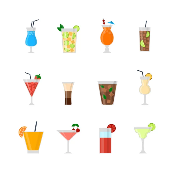 Conjunto de diferentes botellas de bebidas alcohólicas y vasos vector ilustración . — Vector de stock