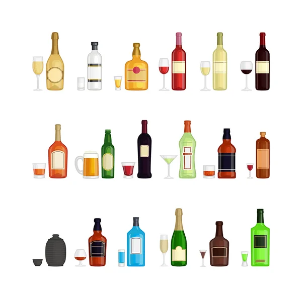 Set di diverse bottiglie di bevande alcoliche — Vettoriale Stock