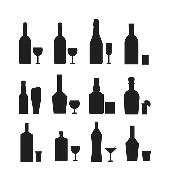 Diferentes garrafas de bebida alcoólica silhueta preta — Vetor de Stock