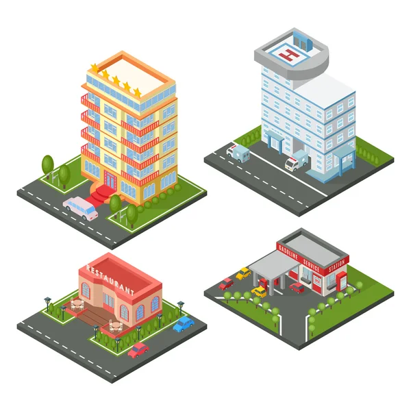 Conjunto de edificios isométricos vectores. — Vector de stock