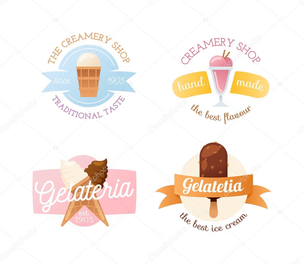 Icecream badge logo food sticky, chocolate cold retro dessert vector illustration. Icecream badge frozen sweets and cold summer icecream badges. Icecream badge modern shop style.