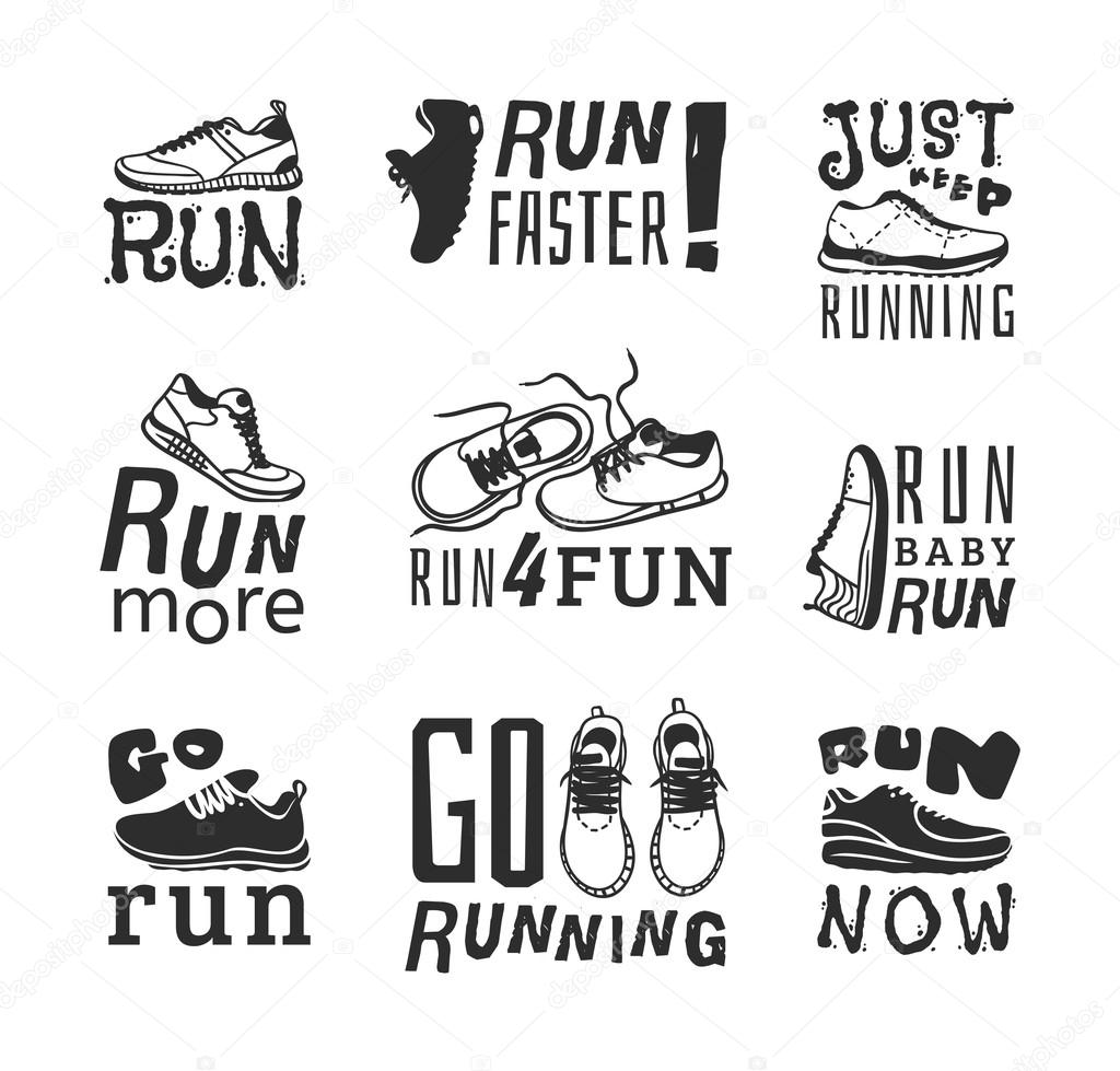 Set of running marathon logo and jogging emblems, labels and badges. isolated vector illustration. Running logo fitness training athlete symbols. Sprint jogging exercise running logo competition.
