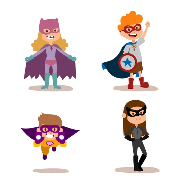 Superherói crianças meninos e meninas desenho animado vetor ilustrationt —  Vetores de Stock