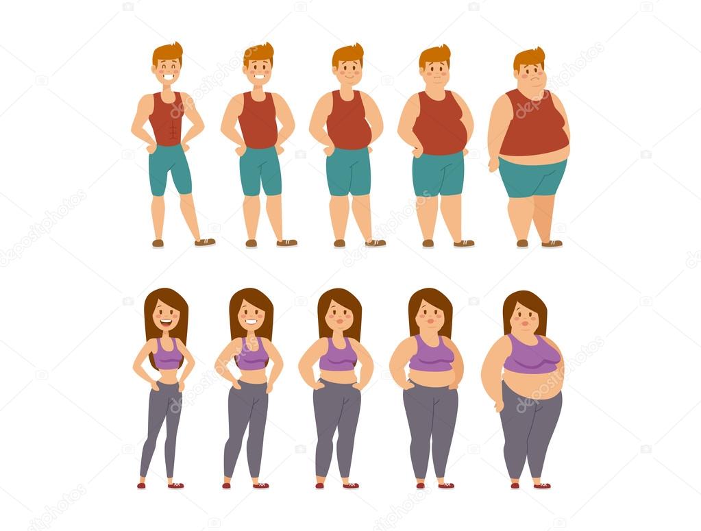 Fat cartoon people different stages vector illustration