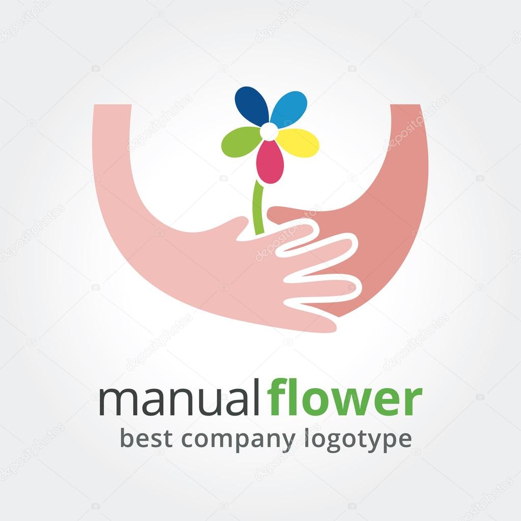 Two hands holding colored flowers. Vector nature logotype isolated on white background