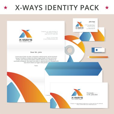 Abstract letter X identity pack vector concept. Logo, vizit cards, cd, letter, usb flash drive, pencil, folder and other id blanks. Good for company branding set. clipart