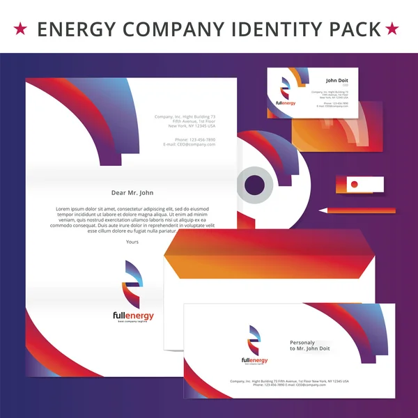 Abstract energy identity pack vector concept. Logo, vizit cards, cd, letter, usb flash drive, folder and other id blanks. Good for company branding set. — Stock Vector