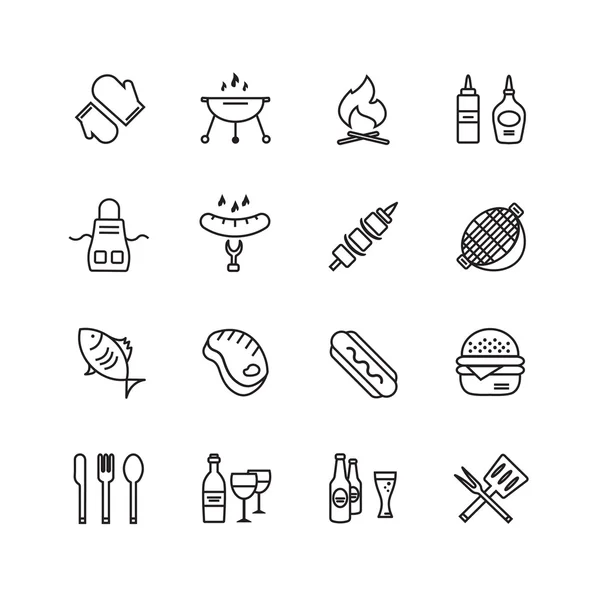 Grilování a jídlo ikony vektorové Set. Outdoor, kuchyně nebo maso symboly. Burzovní prvky. — Stockový vektor