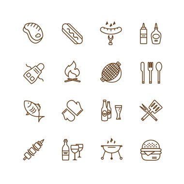 Barbecue and Food Icons Vector Objects set. Outdoor, Kitchen or Meat symbols. Stock design elements.