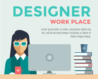 Designer on work place vector logo illustration. Objects, office and creative symbols. Stock design elements