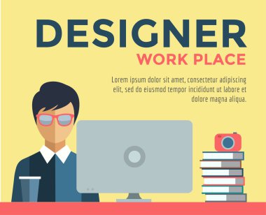 Designer on work place vector logo illustration. Objects, office and creative symbols. Stock design elements