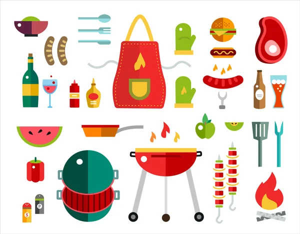 Набор векторных предметов для барбекю и еды. На открытом воздухе, кухня или мясо символов. Элементы дизайна . — стоковый вектор