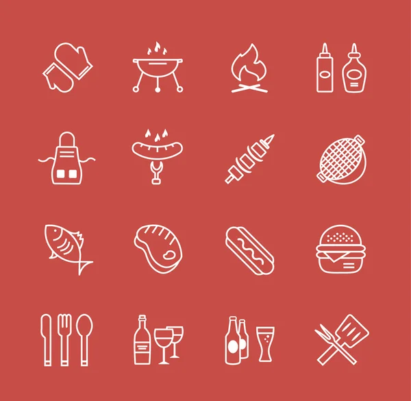 Barbacoa y Alimentos Iconos Vector Conjunto de objetos. Símbolos al aire libre, cocina o carne. Elementos de diseño Stock . — Archivo Imágenes Vectoriales