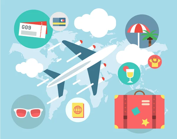 Travel by Plane vector illustration. Plane, Baggage and Glasses symbols. Stock design elements. — Διανυσματικό Αρχείο