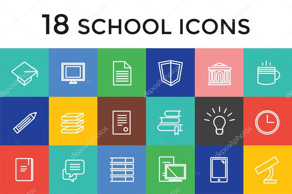 Back to school 16 vector icons set. Science objects, or university and college symbols. Stock design elements