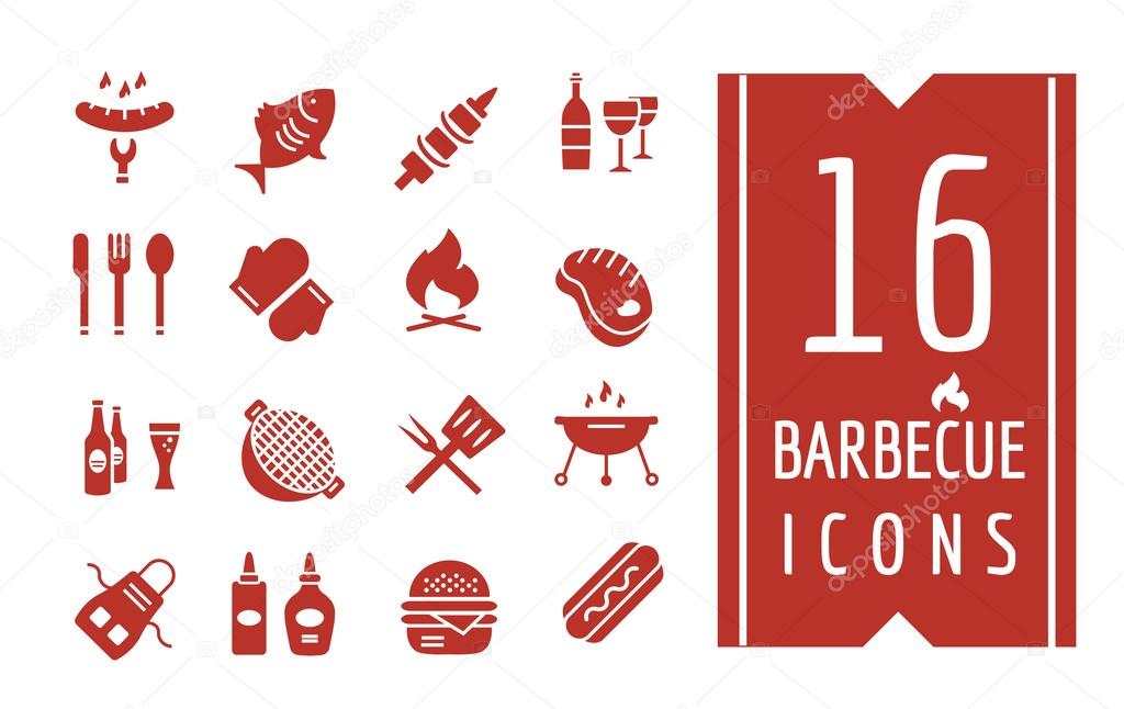 Barbecue and Food Icons Vector Objects set. Outdoor, Kitchen or Meat symbols. Stock design elements.