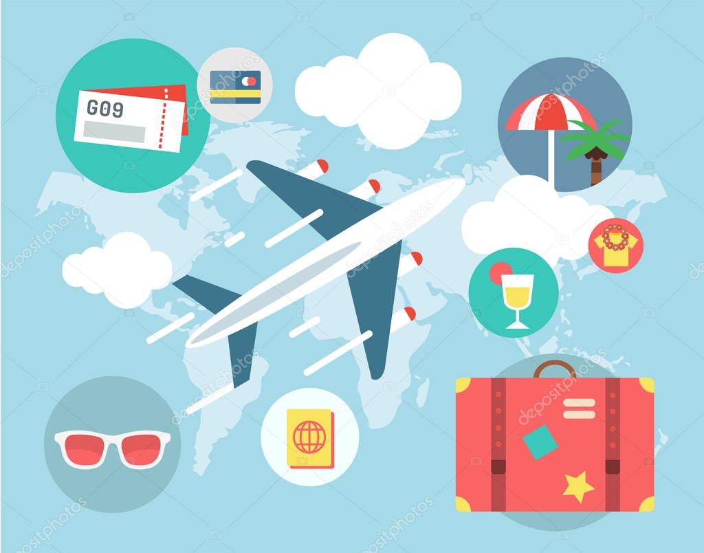 Travel by Plane vector illustration. Plane, Baggage and Glasses symbols. Stock design elements.