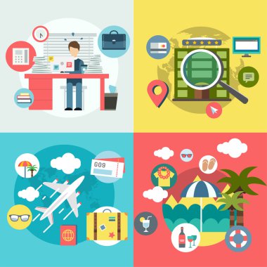 Travel by Plane vector illustration. Plane, Baggage and Glasses symbols. Stock design elements.