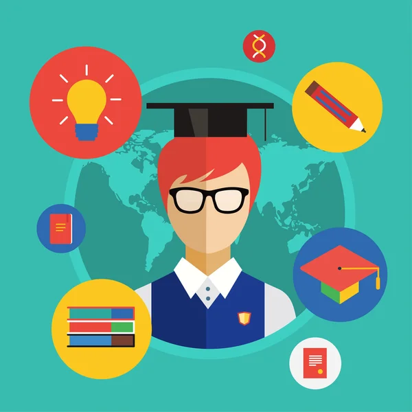 Flat student for school vector illustration. Science objects, or University and College symbols. Stock design elements — ストックベクタ