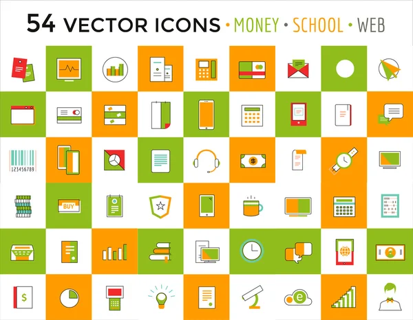 Conjunto de iconos de objetos vectores. Negocios o escuela y símbolos de dinero. Elementos de diseño Stock — Archivo Imágenes Vectoriales