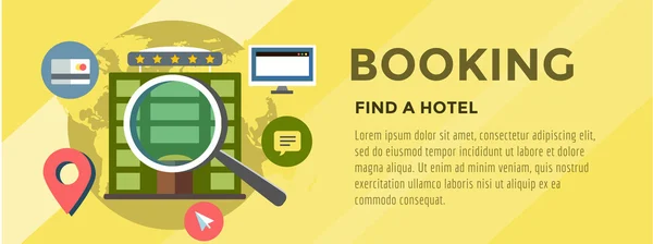 Buchung Hotel. Reise-Infografik. Lupe, Gebäude und Suche. Vektor Stock Illustration für Design. — Stockvektor