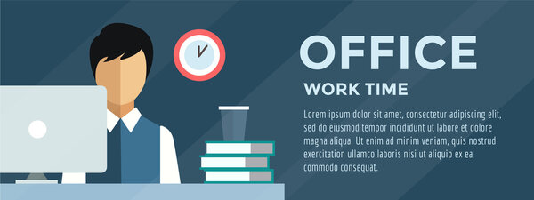 Manager Man on work place. Vector illustration. Objects, office and creative symbols. Stock design elements