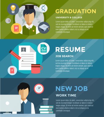 Job search after university infographic. Students, labor, searching and professions. Vector stock illustration for design.