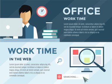 Clerk in office infographic. Work, time, loupe and computer. Vector stock illustration for design.
