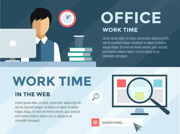 Clerk in office infographic. Work, time, loupe and computer. Vector stock illustration for design. — Stockvector