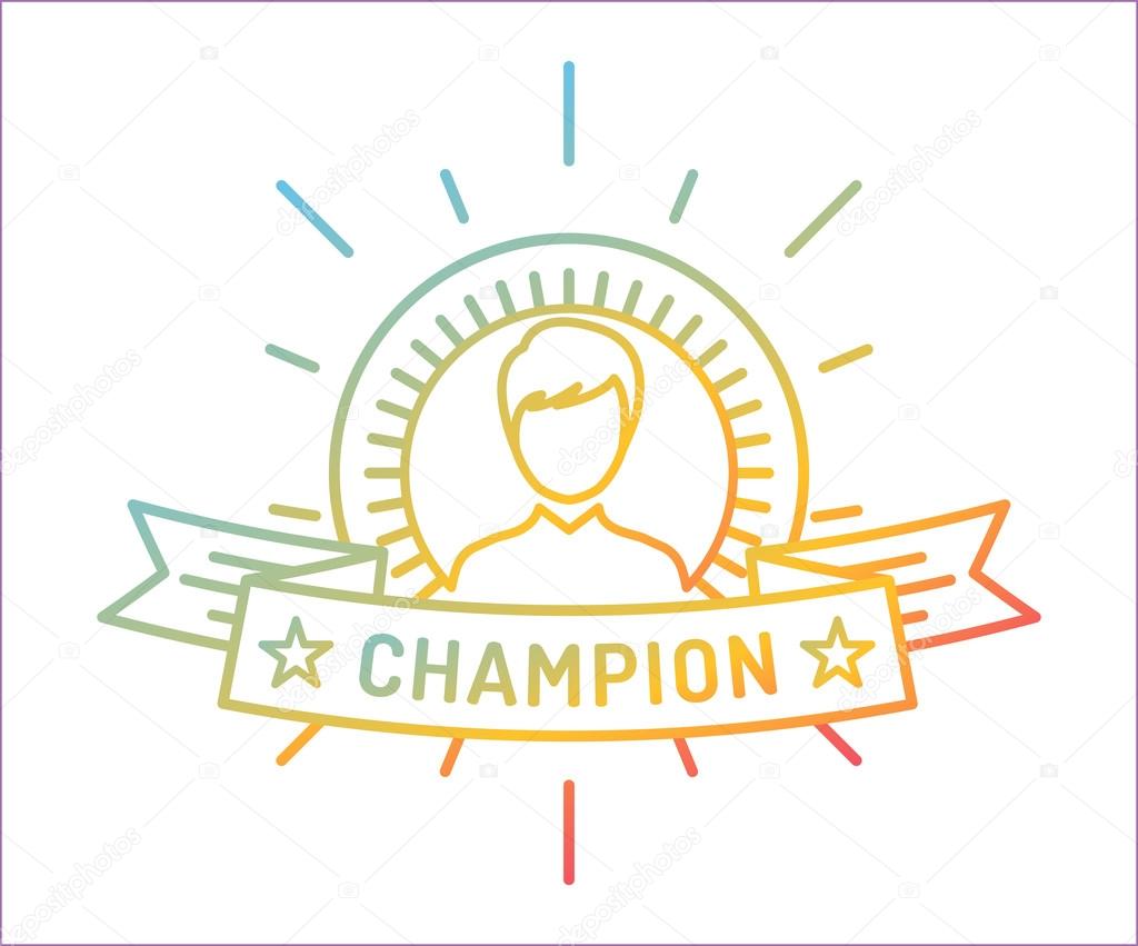 Vector linear medal logo template. Abstract human face and first, icon or frame, border, line. Stock illustration. Isolated on white background