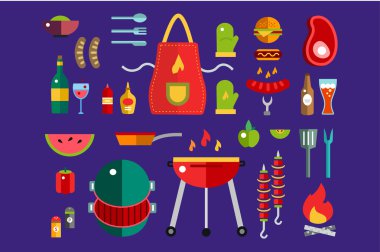 BBQ and Food Icons Vector Set. Outdoor, kitchen, meat and grill, burger, eat food symbols. Stock design elements. Key ideas is outdoor food, barbecue party, black icons, logo elements.