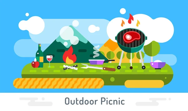 Barbacoa y alimentos iconos vector conjunto paisaje al aire libre. Al aire libre, barbacoa, pescado a la parrilla, cocina, comida de carne, restaurante. Elementos de diseño Stock . — Archivo Imágenes Vectoriales